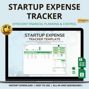 Könnte beinhalten: Ein Laptop-Bildschirm zeigt eine "Startup Expense Tracker"-Vorlage. Der Bildschirm zeigt eine Tabelle mit grünen und weißen Datenvisualisierungen. Der Text enthält "Effiziente Finanzplanung & Kontrolle" und "Sofortiger Download | Einfach zu bedienen".
