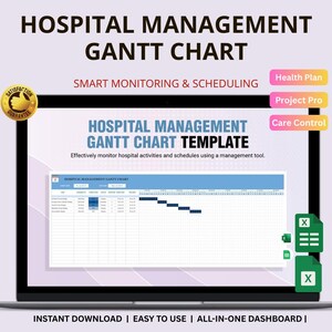 Könnte beinhalten: Ein Laptop-Bildschirm zeigt eine "Hospital Management Gantt Chart Template". Der Bildschirm zeigt ein Gantt-Diagramm in Blau und Weiß. Der Text enthält "Smart Monitoring & Scheduling" und "Instant Download | Easy to Use | All-in-One Dashboard."