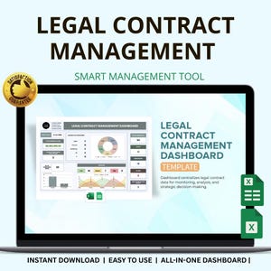 Può includere: Un laptop mostra un modello di dashboard per la gestione dei contratti legali. Lo schermo mostra grafici e diagrammi con il testo "Legal Contract Management Dashboard". L'immagine include il testo "Instant Download | Easy to Use | All-in-one Dashboard."