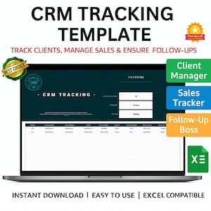 Può includere: Un laptop che mostra un modello di monitoraggio CRM. Lo schermo presenta un'interfaccia verde scuro con testo bianco e un layout di foglio di calcolo. Il testo include "CRM TRACKING TEMPLATE" e "TRACK CLIENTS, MANAGE SALES & ENSURE FOLLOW-UPS". Con le etichette "Client Manager", "Sales Tracker" e "Follow-Up Boss".