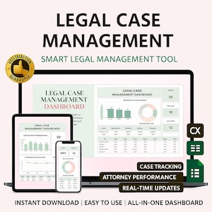 May include: A digital graphic displaying a legal case management dashboard across a laptop, tablet, and smartphone. The design includes charts, graphs, and data tables, with text such as "Legal Case Management" and "Smart Legal Management Tool."