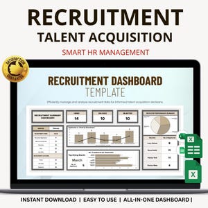 Op de afbeelding: Een laptopscherm toont een wervingsdashboard sjabloon met datavisualisaties. De tekst luidt "Recruitment Talent Acquisition" en "Smart HR Management". Het dashboard bevat secties voor aangenomen, in de wacht en afgewezen sollicitanten.