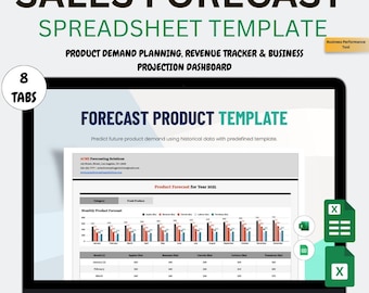 Spreadsheet verkoopprognose | Excel + Google Spreadsheets Productvraagplanning, inkomstentracker en dashboard voor bedrijfsprojectie