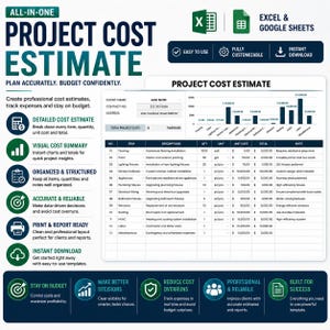 May include: A digital project cost estimate template for Excel and Google Sheets. The document features a bar chart, a detailed itemised table with columns for item, description, quantity, unit cost, and total, plus icons for features.