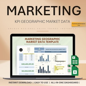May include: A laptop displays a marketing dashboard template with the title "Marketing Geographic Market Data Template." The screen shows charts, graphs, and financial data. The text "Instant Download | Easy to Use | All-in-One Dashboard" is at the bottom.