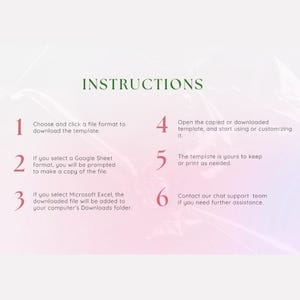 May include: A digital graphic with instructions for downloading a template. The word "INSTRUCTIONS" is in green at the top. Steps are numbered 1-6, with accompanying text in a sans-serif font. The background is a gradient of pink and white.