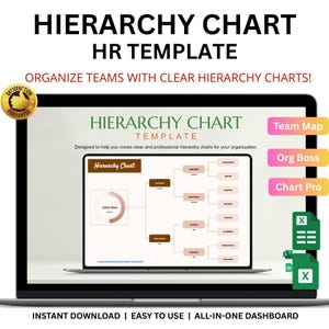 May include: A laptop screen displays a hierarchy chart template. The text reads "HIERARCHY CHART HR TEMPLATE" and "ORGANIZE TEAMS WITH CLEAR HIERARCHY CHARTS!". The screen shows a sample chart with boxes and lines, and the words "Team Map", "Org Boss", and "Chart Pro".
