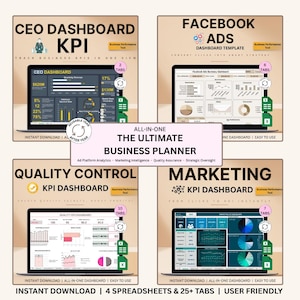 Peut inclure: Un planificateur d'entreprise numérique avec quatre tableaux de bord : PDG, Facebook Ads, Contrôle Qualité et Marketing. Chaque tableau de bord est affiché sur un écran d'ordinateur portable, présentant des visualisations de données et des indicateurs clés de performance. Le texte "Instant Download | 4 Spreadsheets & 25+ Tabs | User Friendly."