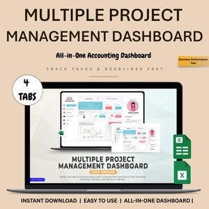 Op de afbeelding: Een laptop met een projectmanagement dashboard met de tekst "MULTIPLE PROJECT MANAGEMENT DASHBOARD". Het scherm toont grafieken en datavisualisaties. De tekst "All-in-One Accounting Dashboard" is ook aanwezig.