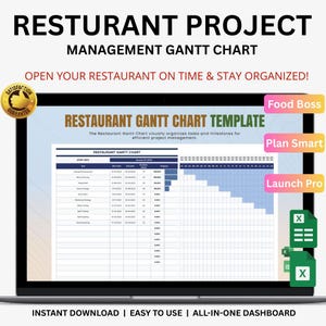 Könnte beinhalten: Ein Laptop-Bildschirm zeigt eine Restaurant-Projektmanagement-Gantt-Chart-Vorlage. Das Diagramm organisiert Aufgaben und Meilensteine. Der Text enthält "Restaurant Gantt Chart Template" und "Instant Download | Easy to Use".