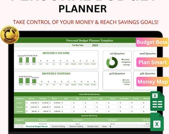 May include: A laptop screen displaying a personal budget planner template. The screen shows monthly income and expense charts, with sections for income tracking, expense tracking, and savings goals. Text includes "Personal Budget Planner" and "Instant Download".