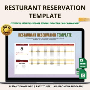 Könnte beinhalten: Ein Laptop-Bildschirm, der eine Restaurantreservierungsvorlage anzeigt. Die Vorlage enthält Felder für Kundeninformationen und Reservierungsdetails. Auf dem Bildschirm steht "Restaurant Reservation Template" und "Instant Download". Ein goldenes "Satisfaction Guarantee"-Siegel befindet sich in der oberen linken Ecke.