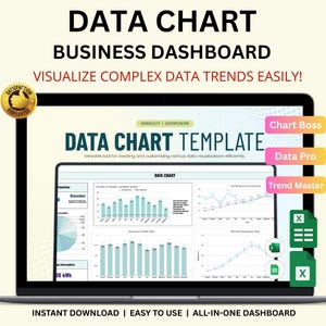 以下が含まれることがあります： ラップトップの画面には、さまざまなデータ視覚化を備えたデータチャートテンプレートが表示されています。テキストは「Data Chart Business Dashboard」と「Visualize Complex Data Trends Easily！」と表示されています。追加のテキストには「Instant Download | Easy to Use | All-in-One Dashboard」が含まれています。