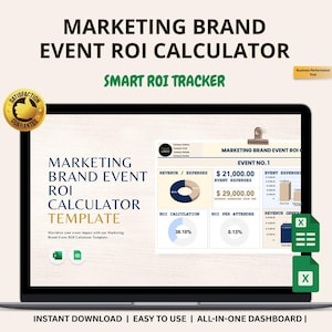 Könnte beinhalten: Ein Laptop-Bildschirm zeigt eine Vorlage für einen "Marketing Brand Event ROI Calculator". Der Bildschirm zeigt ein Dashboard mit Diagrammen, Grafiken und Finanzdaten. Der Text "Smart ROI Tracker" ist sichtbar, zusammen mit den Worten "Sofortiger Download | Einfach zu bedienen | All-in-One-Dashboard".