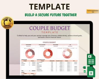 Könnte beinhalten: Ein Laptop-Bildschirm zeigt eine "Couple Budget Template" mit Finanzdiagrammen und Datentabellen. Der Text lautet "Gemeinsam eine sichere Zukunft aufbauen". Ein goldenes "Zufriedenheitsgarantie"-Abzeichen ist zu sehen. Die Vorlage ist für die gemeinsame Finanzverwaltung konzipiert.