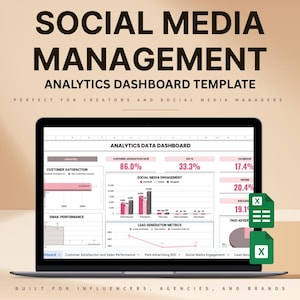 Könnte beinhalten: Ein Laptop mit einer Vorlage für ein Social-Media-Analyse-Dashboard. Der Bildschirm zeigt Datenvisualisierungen, einschließlich Kundenzufriedenheit, ROI und Social-Media-Engagement-Metriken. Der Text oben lautet "SOCIAL MEDIA MANAGEMENT".
