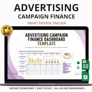 Könnte beinhalten: Ein Laptop-Bildschirm zeigt eine Vorlage für ein Werbekampagnen-Finanz-Dashboard. Der Bildschirm zeigt Diagramme, Grafiken und Finanzdaten. Der Text enthält "Advertising Campaign Finance" und "Smart Expense Tracker". Das Bild enthält auch den Text "Instant Download | Easy to Use | All-in-One Dashboard."