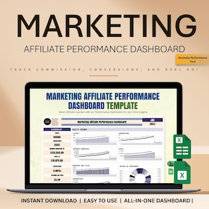 May include: A laptop displays a marketing affiliate performance dashboard template. The screen shows charts and data, including daily trends and conversion metrics. The image includes the text "Marketing" and "Instant Download".