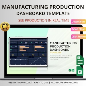 Peut inclure: Un ordinateur portable affiche un modèle de tableau de bord de production manufacturière. L'écran montre des visualisations de données et le texte "Voir la production en temps réel". On peut lire "Téléchargement instantané | Facile à utiliser | Tableau de bord tout-en-un".