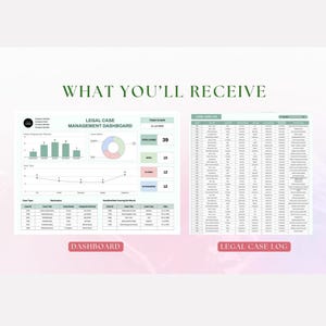 May include: A digital document labelled "What You'll Receive" showing a legal case management dashboard and a legal case log. The dashboard features charts and data. The legal case log is a detailed list of cases.
