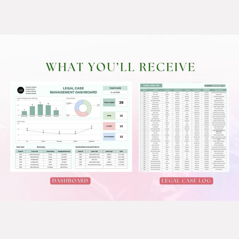 May include: A digital document labelled "What You'll Receive" showing a legal case management dashboard and a legal case log. The dashboard features charts and data. The legal case log is a detailed list of cases.