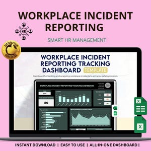 Puede incluir: Una pantalla de portátil muestra una "Plantilla de panel de control de seguimiento de informes de incidentes en el lugar de trabajo". La pantalla muestra gráficos para el seguimiento de incidentes. El texto incluye "Descarga instantánea | Fácil de usar | Panel todo en uno."