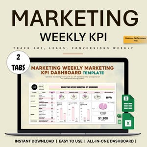 以下が含まれることがあります： マーケティングKPIダッシュボードテンプレートが表示されたラップトップ。画面にはデータ視覚化と主要業績評価指標が表示されています。「Marketing Weekly KPI」と「Instant Download」の文字が含まれています。ダッシュボードは、ROI、リード、コンバージョンを追跡するように設計されています。