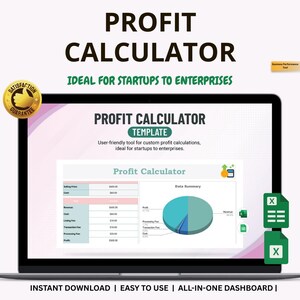 Könnte beinhalten: Ein Laptop-Bildschirm zeigt eine "GEWINNBESTIMMER"-Vorlage mit einem Tortendiagramm. Der Text enthält "SOFORTIGER DOWNLOAD | EINFACH ZU BEDIENEN | ALL-IN-ONE-DASHBOARD". Ein goldenes "ZUFRIEDENHEITSGARANTIE"-Abzeichen ist zu sehen.