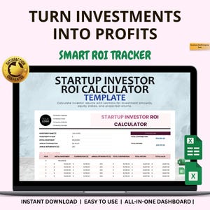 Puede incluir: Una pantalla de portátil muestra una "Plantilla de calculadora de ROI para inversores de startups". La pantalla muestra una hoja de cálculo con datos financieros, incluidos los montos de inversión, los rendimientos y las participaciones.