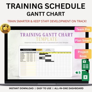 May include: A laptop screen displays a training Gantt chart template. The screen shows a schedule with rows and columns, and the text "Training Schedule Gantt Chart" is at the top. The image also includes the text "Train Smarter & Keep Staff Development on Track!"