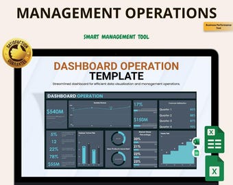 May include: A laptop screen displays a data visualization dashboard template. The screen shows charts, graphs, and financial data, including revenue and percentages. The text on the screen reads "Dashboard Operation Template" and "Data Visualization & Management Operations."