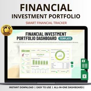 May include: A laptop screen displays a financial investment portfolio dashboard template. The screen shows charts, graphs, and data visualizations for tracking investments. Text includes "Financial Investment Portfolio" and "Smart Financial Tracker."