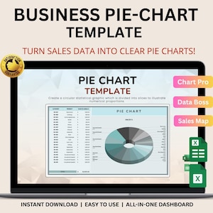 May include: A digital business pie chart template displayed on a laptop screen. The template includes a pie chart graphic, data table, and text that reads "BUSINESS PIE-CHART TEMPLATE" and "TURN SALES DATA INTO CLEAR PIE CHARTS!"