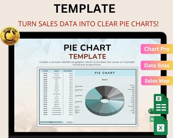 Może przedstawiać: Cyfrowy szablon wykresu kołowego dla firm, wyświetlany na ekranie laptopa. Szablon zawiera wykres kołowy, tabelę danych oraz tekst "BUSINESS PIE-CHART TEMPLATE" i "TURN SALES DATA INTO CLEAR PIE CHARTS!"