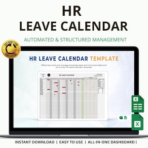 以下が含まれることがあります： ノートパソコンの画面には、HR休暇カレンダーのテンプレートが表示されています。画面には、色分けされたエントリを持つグリッドのようなカレンダーが表示されています。上部のテキストには「HR LEAVE CALENDAR」と「AUTOMATED & STRUCTURED MANAGEMENT」と書かれています。下部のテキストには「INSTANT DOWNLOAD | EASY TO USE | ALL-IN-ONE DASHBOARD」と書かれています。