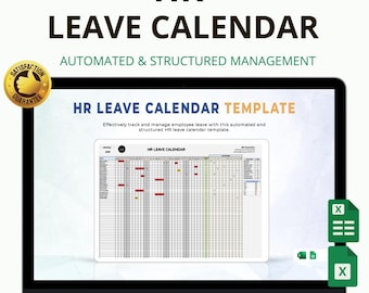 May include: A laptop screen displays an HR Leave Calendar template. The screen shows a grid-like calendar with color-coded entries. Text at the top reads "HR LEAVE CALENDAR" and "AUTOMATED & STRUCTURED MANAGEMENT". The bottom text says "INSTANT DOWNLOAD | EASY TO USE | ALL-IN-ONE DASHBOARD".