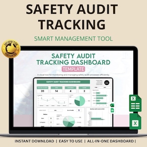 May include: A laptop screen displays a safety audit tracking dashboard template. The screen shows charts, graphs, and data visualizations. Text on the screen includes "Safety Audit Tracking" and "Smart Management Tool". The image also includes the text "Instant Download | Easy to Use | All-in-One Dashboard".