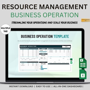 Może przedstawiać: Ekran laptopa wyświetla szablon operacji biznesowej z wykresami i danymi. Tekst brzmi "Zarządzanie zasobami Operacja biznesowa" i "Usprawnij swoje operacje i rozwijaj swój biznes". Szablon zawiera dane finansowe i pulpit nawigacyjny.