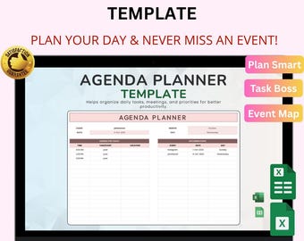May include: A laptop screen displaying an agenda planner template. The screen shows the words "Agenda Planner Template" and "Plan Your Day & Never Miss An Event!" The planner includes sections for daily tasks, meetings, and priorities. The screen also has the words "Instant Download | Easy to Use | All-in-One Dashboard."