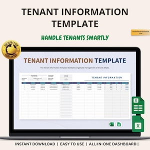 May include: A laptop screen displays a tenant information template. The template includes the title "TENANT INFORMATION TEMPLATE" and the text "HANDLE TENANTS SMARTLY". Additional text includes "INSTANT DOWNLOAD | EASY TO USE | ALL-IN-ONE DASHBOARD". A "SATISFACTION GUARANTEE" badge is visible.