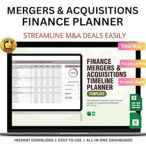 May include: A laptop screen displays a finance mergers and acquisitions timeline planner. The screen shows a spreadsheet with data and a progress bar. Text on the screen reads "Finance Mergers & Acquisitions Timeline Planner". The image also includes the text "Instant Download | Easy to Use | All-in-One Dashboard".