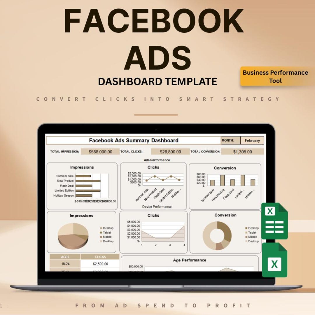 Facebook Ads Dashboard: KPI Tracker Excel & Google Sheets Template - Etsy