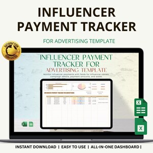 Może przedstawiać: Ekran laptopa wyświetla szablon "Influencer Payment Tracker". Ekran pokazuje arkusz kalkulacyjny z polami na nazwiska influencerów, szczegóły kampanii, kwoty płatności i daty. Tekst "Natychmiastowe pobieranie | Łatwy w użyciu | Panel wszystko w jednym" znajduje się na dole.