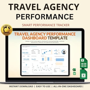 以下が含まれることがあります： 旅行代理店のパフォーマンスダッシュボードテンプレートを表示するラップトップ画面。画面にはグラフ、グラフ、財務データが表示されます。「Travel Agency Performance」と「Instant Download」というテキストが含まれています。金色の「Satisfaction Guarantee」バッジが左上にあります。