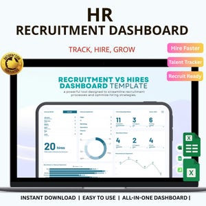 Peut inclure: Un écran d'ordinateur portable affiche un tableau de bord de recrutement RH. Le modèle de tableau de bord, intitulé "Recrutement vs Embauches", comprend des graphiques et des visualisations de données. Le texte indique "Suivre, Embaucher, Croître".