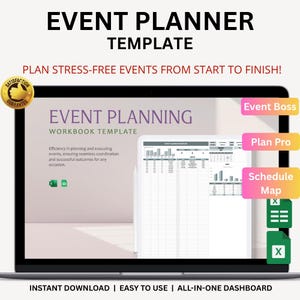 May include: A laptop screen showing an event planning workbook template. The screen displays a spreadsheet with charts and tables. The text reads "Event Planner Template" and "Plan stress-free events from start to finish!" with buttons labelled "Event Boss", "Plan Pro", and "Schedule Map".