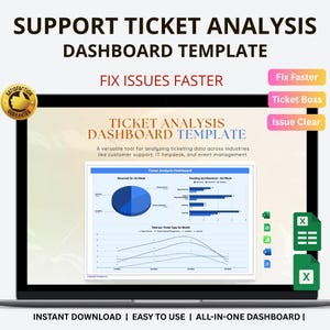 Può includere: Uno schermo di un laptop mostra un modello di dashboard di analisi dei ticket di supporto. Lo schermo mostra grafici con il testo "Ticket Analysis Dashboard Template" e "Fix Issues Faster". Sono visibili anche le parole "Instant Download" e "Easy to Use".