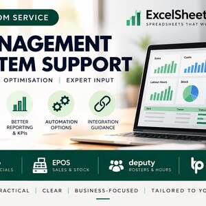 Peut inclure: Une publicité numérique pour ExcelSheetSavvy Management System Support montrant un ordinateur portable avec des graphiques de données. Des icônes illustrent l'amélioration des feuilles, le reporting, l'automatisation et l'intégration. Logos Xero, EPOS, Deputy et BrightPay inclus.