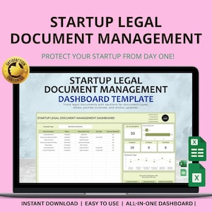 Può includere: Uno schermo di un laptop mostra un modello di dashboard per la gestione dei documenti legali. Lo schermo mostra una tabella con tipi di documenti, accordi operativi e aggiornamenti di stato. Il testo recita "Startup Legal Document Management".
