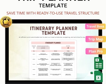 May include: A digital trip planner template displayed on a laptop screen. The screen shows an itinerary planner with sections for day, morning, afternoon, and evening activities. Text includes "Trip Planner Template," "Itinerary Planner Template," and "Instant Download."